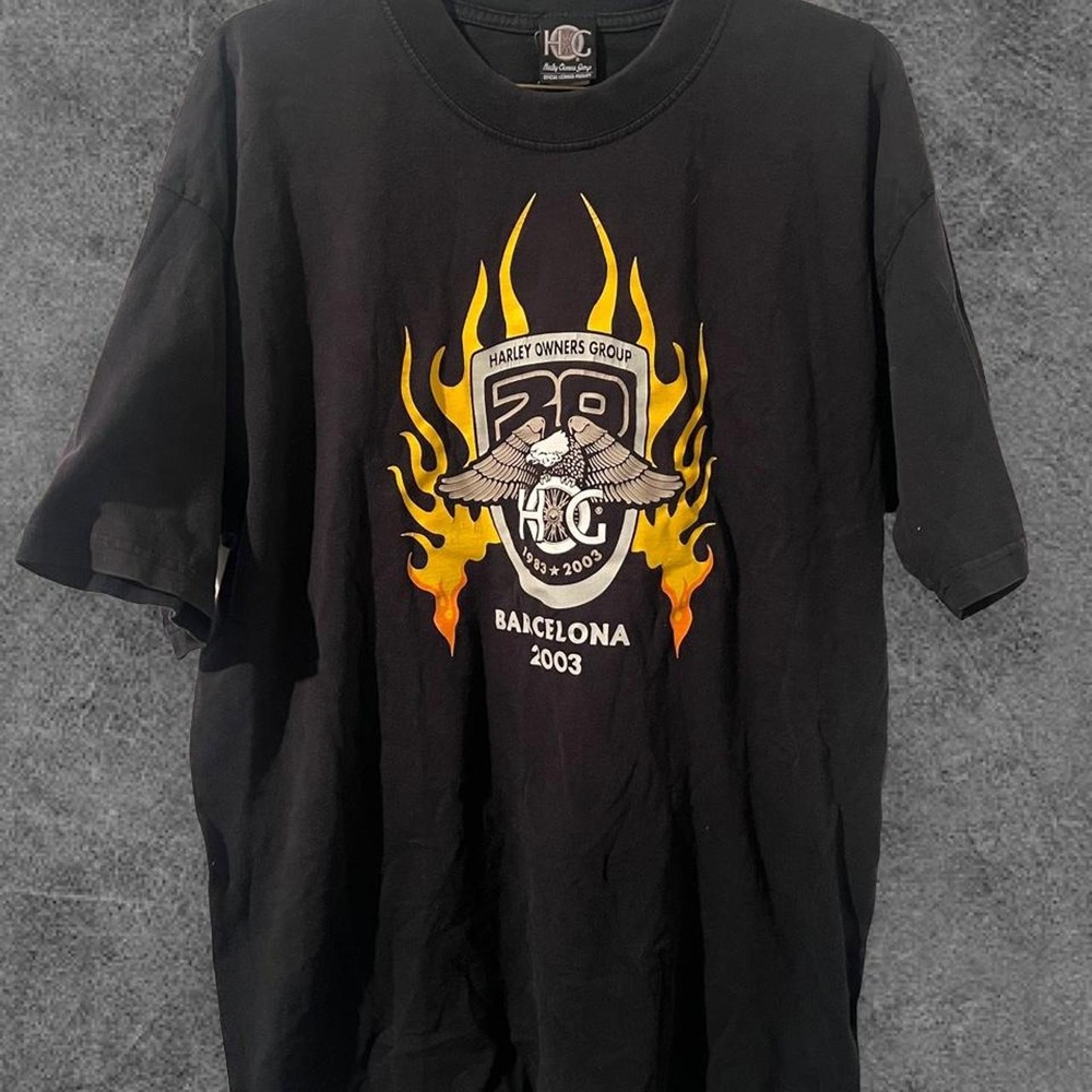 Vintage Harley Davidson HOG Barcelona 2003 Eagle Flames Graphic T-Shirt Black